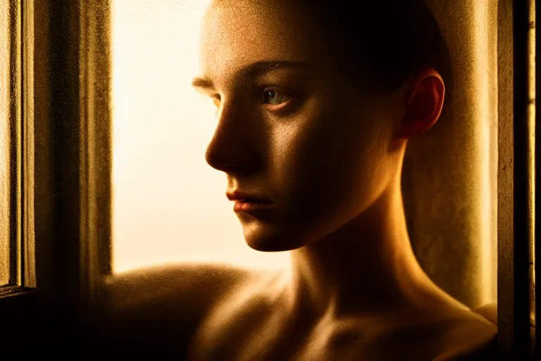 Image similar to an ultra realistic, cinematic, close up portrait, of a young woman, looking in the window, fire, dramatic, soft light, dreamy, facial features, stood in a cell, with prison clothing, detailed, deep focus, movie still, dramatic lighting, ray tracing, by michal karcz and yoshitaka