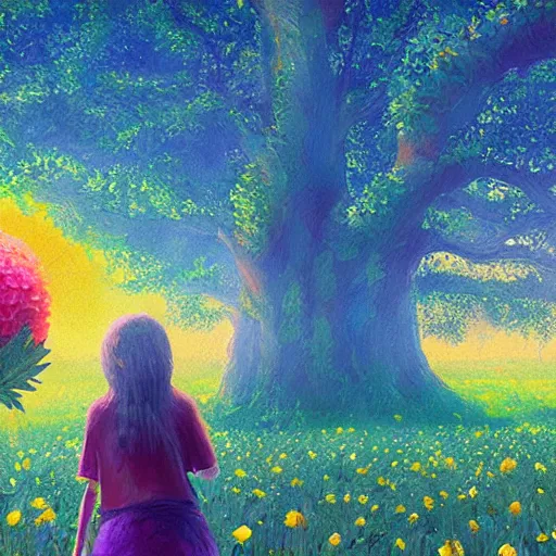 Image similar to girl with giant flower as a face, flower field, big trees, sunrise dramatic light, impressionist painting, colorful clouds, digital painting, pointillism, artstation, simon stalenhag