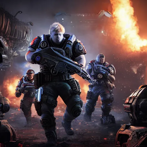 Image similar to Boris Johnson in 'Gears of War', splash art, movie still, cinematic lighting, detailed face, dramatic, octane render, long lens, shallow depth of field, bokeh, anamorphic lens flare, 8k, hyper detailed, 35mm film grain