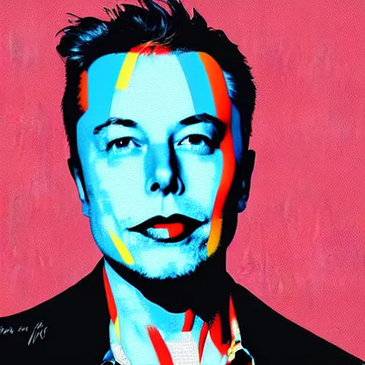 Prompt: the portrait of elon musk, eyes wide open, astonished, surprised. colorful pop art, modern art, by andy warhol