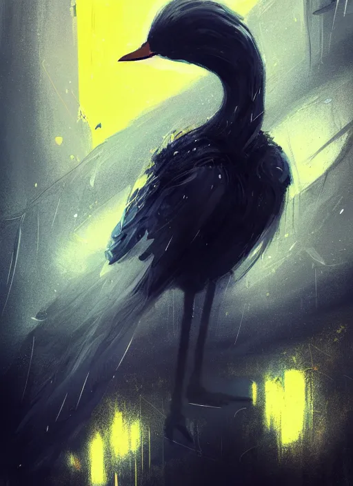 Prompt: portrait of a swan bird, black sky background, chaotic landscape, illustration concept art anime key visual trending pixiv fanbox by wlop and greg rutkowski and makoto shinkai and studio ghibli and kyoto animation, kaki body suit, odst, short body, yellow beak, military gear, grimdark, volumetric lighting