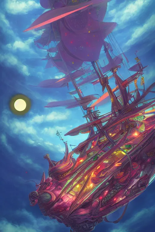 Image similar to spelljammer flying through phlogiston, 4 k digital paint by studio ghibli hayao miyazaki. vivid colours, vaporwave lighting style, very sharp and detailed. trending on artstation and behance.