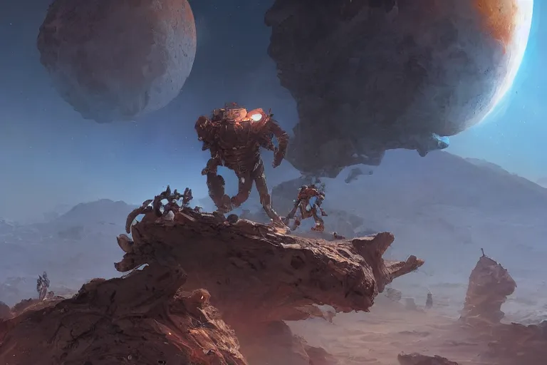 Prompt: the inhabitants of mars destroying the moon god, mesmerizing, fantastical, concept art, highly detailed, artstation, trending, feng zhu, shaddy safadi, noah bradley, tyler edlin, jordan grimmer, darek zabrocki, neil blevins, tuomas korpi