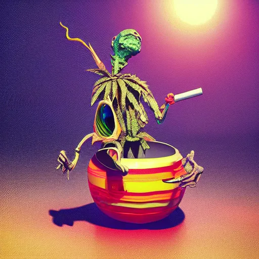 Image similar to alien smoking weed and getting high with, rips bong, raggae art, # 4 2 0, # smokeweedeveryday, rasta, 3 d art, octane render, matte, raytracing, intricate digital painting