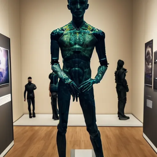 Image similar to a realistic detailed photo of a guy who is an attractive humanoid who is half robot and half humanoid, who is a male android, twitch streamer ninja tyler blevins, shiny skin, posing like a statue, blank stare, at the museum, on display