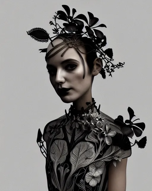 Image similar to monochrome 3 d model, 1 9 3 0 picture, floral steampunk biomechanical beautiful young female cyborg with porcelain profile face and a techno eye, volumetric light, leaves foliage and stems, hibiscus flowers, boho vines, sinuous fine roots, fine foliage lace, alexander mcqueen, rim light, big gothic fashion pearl embroidered collar, octane render, 8 k