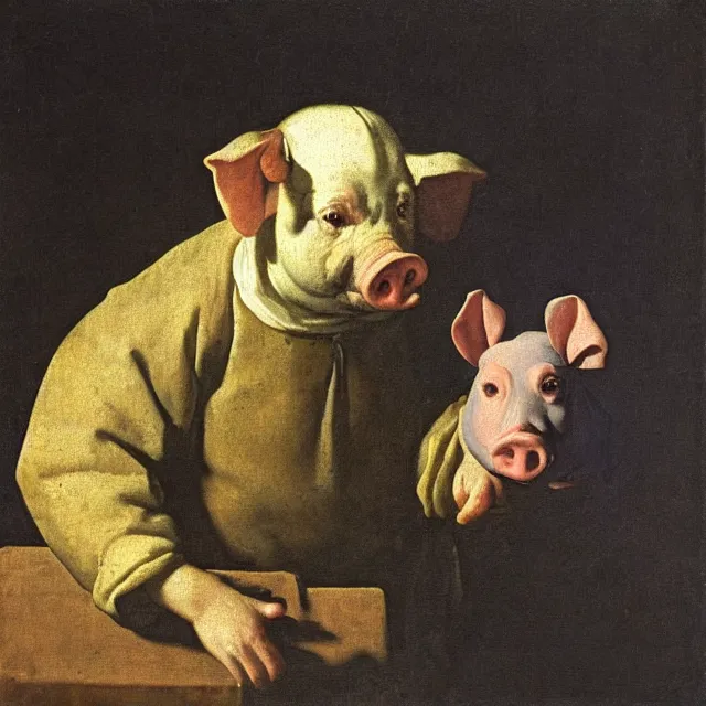 Prompt: baroque painting from 1 6 7 0 of a pig wearing overalls by johannes vermeer, jan vermeer, soft lighting