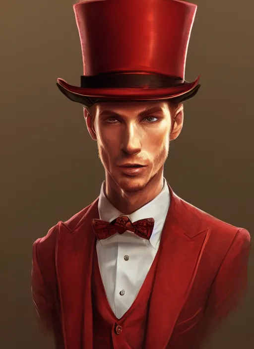 Image similar to a highly detailed illustration of stylish top hat wearing red haired attractive man, wearing suit vest, flashy leaning back pose, intricate, elegant, highly detailed, centered, digital painting, artstation, concept art, smooth, sharp focus, league of legends concept art, WLOP