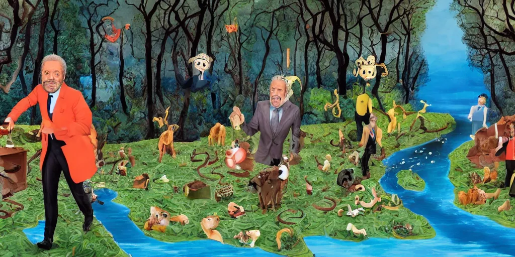 Prompt: alan sugar. plasticine animation eating leaves pastry pets on his shoulders going for a walk in the country. in the forest on the floor. the apprentice sitting on hands. eating burnt toast and drinking fresh clear water from a stream, painting in the style of salvador dali.