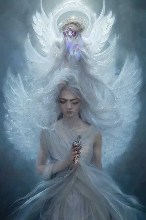 Image similar to beautiful ghost model wearing crystal white dress, holding book, rest face expression, diamonds, angel, fantasy, dramatic lighting, highly detailed, digital painting, magic the gathering, hyper detailed, 3 d render, hyper realistic detailed portrait, peter mohrbacher, wlop, ruan jia