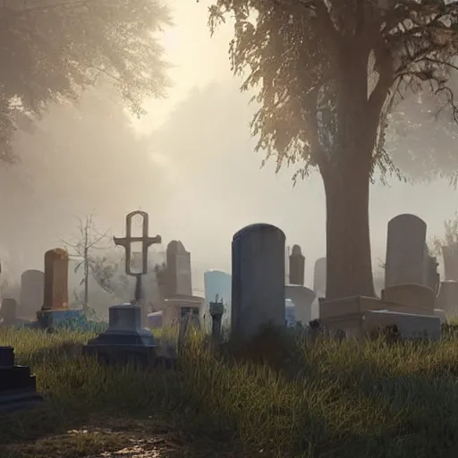 Prompt: still shot of a grave yard covered in morning fog, highly detailed, photorealistic portrait, bright studio setting, studio lighting, crisp quality and light reflections, unreal engine 5 quality render