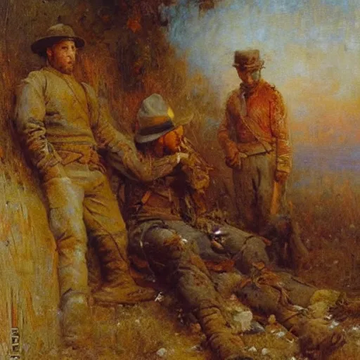 Prompt: Gaston Bussiere bloody painting of wounded soldiers looking up and observing the first rays of sunlight during dawnbreak, dramatic painting, dark, scary, hopeful