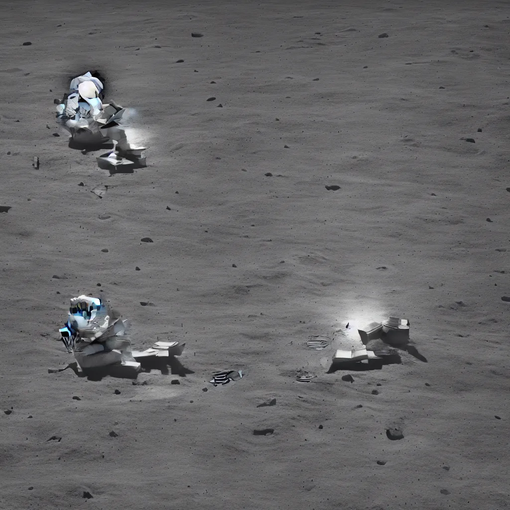 Image similar to A highly photographic render of astronaut on the Moon, sitting on a concrete bench reading a book, rim lighting, cinematic lighting, octane engine, photo realistic image, 4K, super detailed, cinematic look