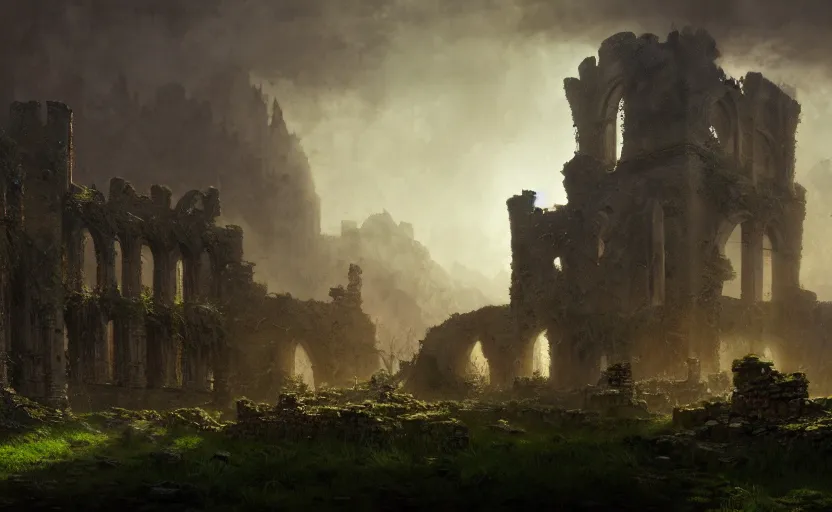 Image similar to ruins of an old castle covered by plants with moody and cinematic lighting by greg ruthkowski and craig mullins and caspar david friedrich, cinematic and atmospheric, concept art, artstation, trending on artstation
