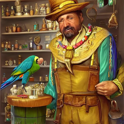 Image similar to Anthropomorphized parrot trader in his shop, selling his wares, portrait, items, gold, magic potions, carpet, window, fancy hat, sly expression , cunning expression, cute expression, long thick shiny gold beak, presenting wares, holding a gold bag, D&D, fantasy, cinematic lighting, highly detailed, digital painting, artstation, concept art, smooth, sharp focus, illustration, warm light, cozy warm tint, magic the gathering artwork, volumetric lighting, 8k, art by Akihiko Yoshida, Greg Rutkowski