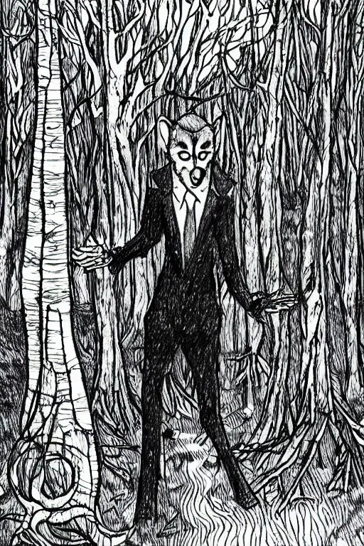 Image similar to a drawing of a werewolf in a forest, by junji ito