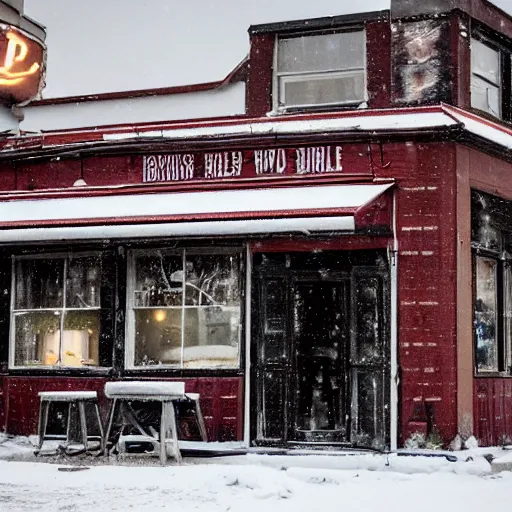 Prompt: a run down restaurant on a snowy street in the american rust belt, sharp, detailed