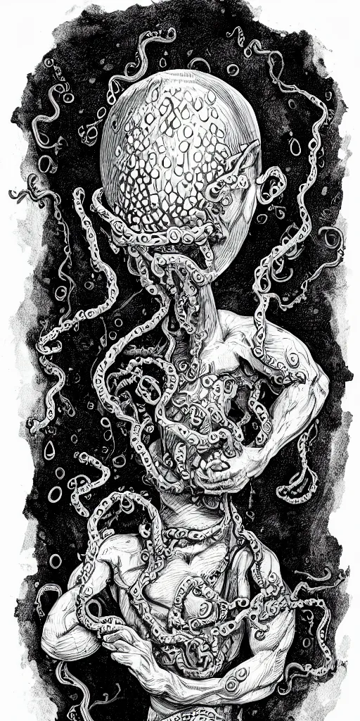 Image similar to high detailed drawing a man with the head of a broken egg, with arms of tentacles. He has a knife in his hand and splatters micro droplets, disney style