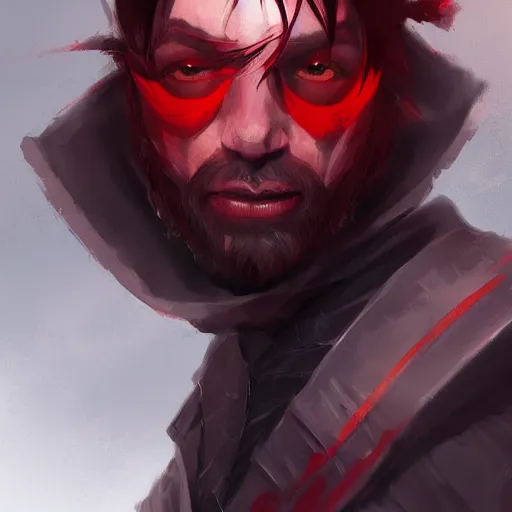 Image similar to portrait of a male dnd rogue, covered face, red eyes, upper half portrait, digital painting, artstation, concept art, smooth, sharp focus, illustration 8 k