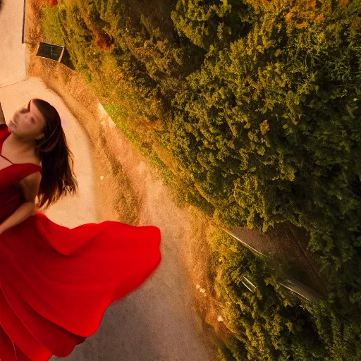 Image similar to a girl in a red dress climbing'' infinite stairs to heaven'' middle / top view, sunset light, cinematic image, hyperrealistic, 4 k