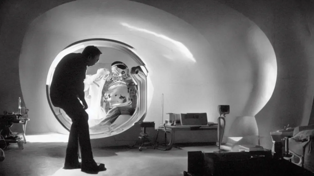 Image similar to an mri image of james cavell in the living room, film still from the movie directed by denis villeneuve with art direction by salvador dali, wide lens