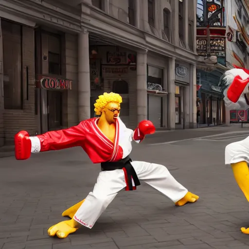 Image similar to ronald macdonald fights, colonel sanders, hyper real, 8 k, octane render, vivid, bright, photo realistic, martial arts, city street