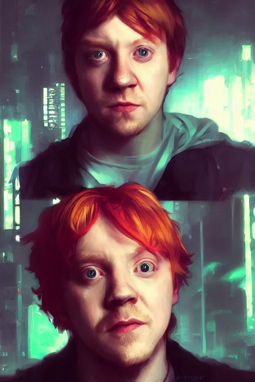 Image similar to portrait of Rupert Grint as Ron Wisly with visor in cyberpunk, neon lighting, night city, digital art from artstation by Ruan Jia and Mandy Jurgens and Artgerm and william-adolphe bouguereau and Greg Rutkowski