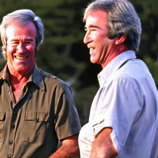 Image similar to kevin tighe with randy mantooth, laughing as they set a car on fire