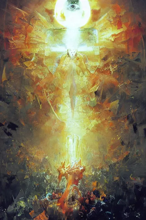 Image similar to we are the gods of the new world order, we are all - seeing, the legion of light! we are the illuminati, the death of the sun, fire and flame, we are one!, by ryohei hase, by john berkey, by jakub rozalski, by john martin