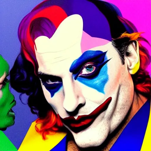 Image similar to richard hamilton and mimmo rottela as lady gaga harley queen and joaquin phoenix joker, pop art, 2 primary color, justify content center, object details, dynamic composition, face and body features, ultra realistic art, smooth, sharp focus, illustration, concept art, intricate details, h 7 6 8