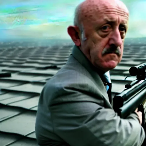 Image similar to film still of mike ehrmantraut aiming with a sniper rifle on a rooftop, 4 k, highly detailed