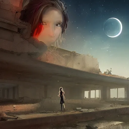 Prompt: A beautiful picture of a suicidal girl against the background of ruins of a destroyed city and a yellow -red moon, artstation, extremely detailed, stunning volumetric lighting, hyper realism, fantasy 4k