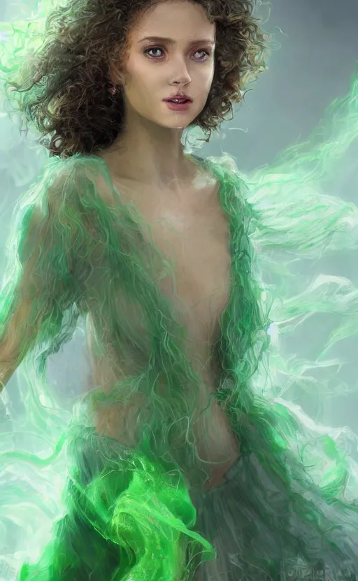 Image similar to a young woman with wild, curly hair and bright green eyes. she's wearing a flowing dress made of light, airy fabric and she has a mischievous look on her face, dynamic lighting, photorealistic fantasy concept art, trending on art station, stunning visuals, creative, cinematic, ultra detailed