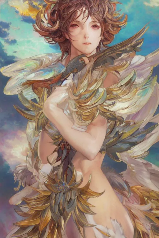 Prompt: a beautiful painting of sandalphon from granblue fantasy, wings with colorful feathers, ray of light, shimmering and prismatic, rococo, highly detailed, by krenz cushart and mucha, trending on artstation.