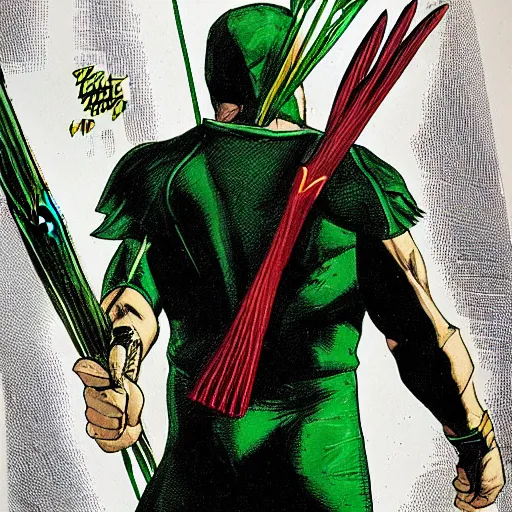 Prompt: The Green Arrow action pose, view from behind looking over shoulder, drawing an arrow from his quiver, comic book cover style