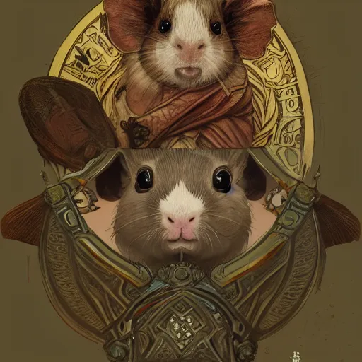 Prompt: A heraldic Prince Guinea Pig with big cute eyes, D&D, fantasy, intricate, cinematic lighting, highly detailed, digital painting, artstation, concept art, smooth, sharp focus, illustration, art by Akihiko Yoshida, Greg Rutkowski and Alphonse Mucha