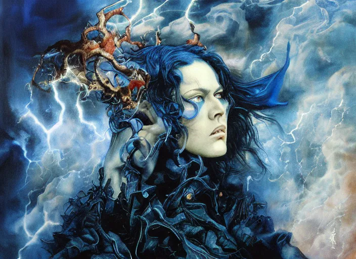 Prompt: realistic detailed image of the sandman, manuel sanjulian, amano, karol bak, ayami kojima, greg hildebrandt, mark brooks, neo - gothic, rich deep colors basinski painting style by adrian ghenie, gerhard richter and takato yamamoto, dark arcanist, blue lightning, blue mist, fog, scary