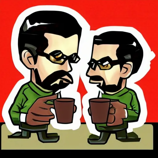 Image similar to Gordon Freeman and doomguy drink coffee