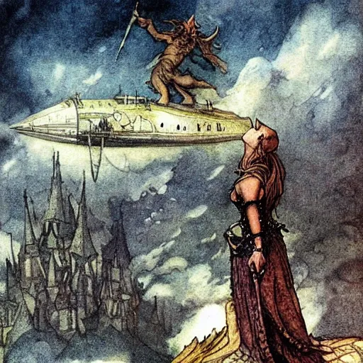 Image similar to Fantasy village, the inhabitant looking up at the sky. The sky is completely covered to the horizon by an incredibly giant airship-like ship. Extremely high detail, realistic, medieval fantasy art, masterpiece, Arthur Rackham art, art by Boris Vallejo, Frank Frazetta.