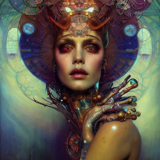 Image similar to extremely psychedelic beautiful cyborg queen of lsd. intricate, elegant, highly detailed, extremely lifelike photorealistic digital painting, artstation. steichen, gaston bussiere, tom bagshaw, cyberpunk alphonse mucha. dark pallet, melancholy. anatomically correct in every way. sultry.