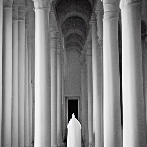 Image similar to nightmare vision, depth of field. black and white, award winning photo of smiling levitating twin nuns, wearing translucent sheet, Mary in a sanctuary, mirror hallways, eerie, tall columns, faces emerging from columns, frightening, highly detailed 8k —width 1024 —height 1024