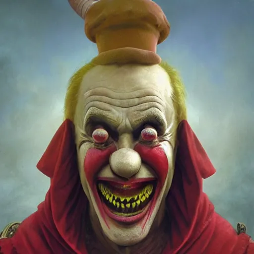 Image similar to vladimir putin, medieval jester, court jester, fool, unga bunga, wearing clown nose, horror teeth, fantasy 3 d render, masterpiece, by donato giancola and greg rutkowski and wayne barlow and zdzisław beksinski, realistic face