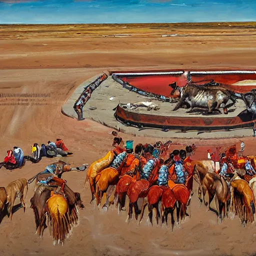 Image similar to by neil welliver, by martin deschambault navajo bleak. a photograph of a bullfight in spain. the photograph is set in an arena with spectators in the stands. several figures in the photograph, including a matador & a bull.