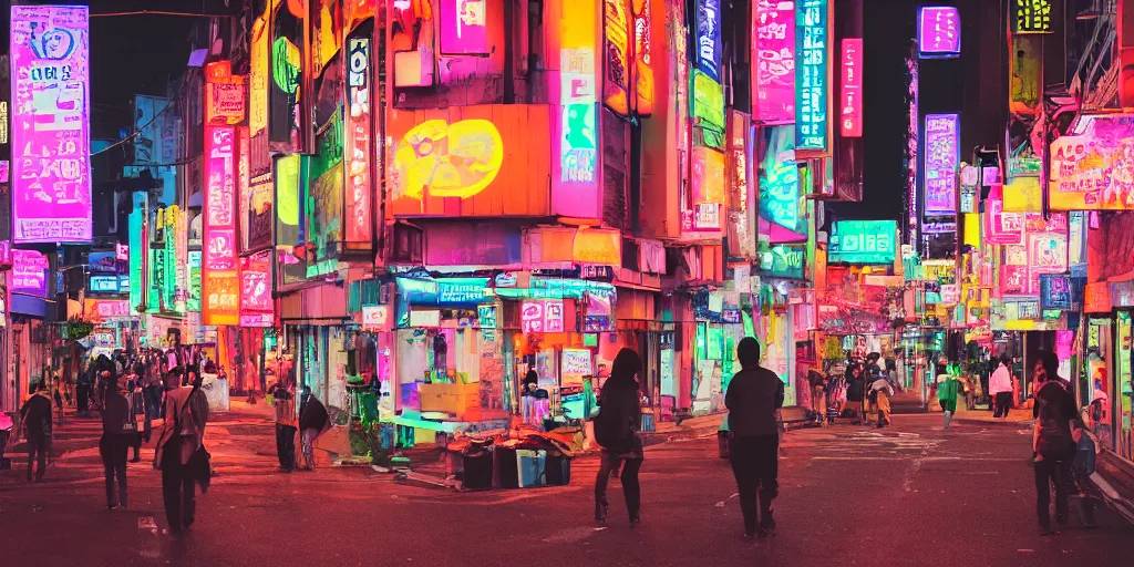 Image similar to neon lights on the streets of hongdae, digital art, spring, wide shot