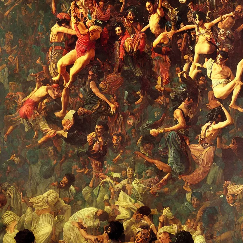 Prompt: a baroque neoclassicist close - up painting of pakistani people jumping out of picture frames. reflective detailed textures. glowing colorful fog, black background. highly detailed fantasy science fiction painting by moebius, norman rockwell, frank frazetta, and syd mead. rich colors, high contrast. artstation