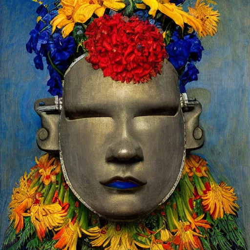 Image similar to masterpiece painting of the head of a robot wearing a mask made of flowers, by annie swynnerton and diego rivera and jean delville and tino rodriguez, flower mask, symbolist, dramatic lighting, god rays, elaborate geometric ornament, art brut, soft cool colors, smooth, sharp focus, extremely detailed, adolf wolfli