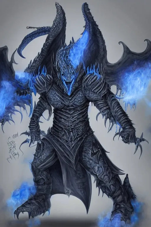 Image similar to a D&D character of a dark blue dragonborn with large tusks, only half of his face flaming with blue flame, he wears a black dragon scales armor, D&D art