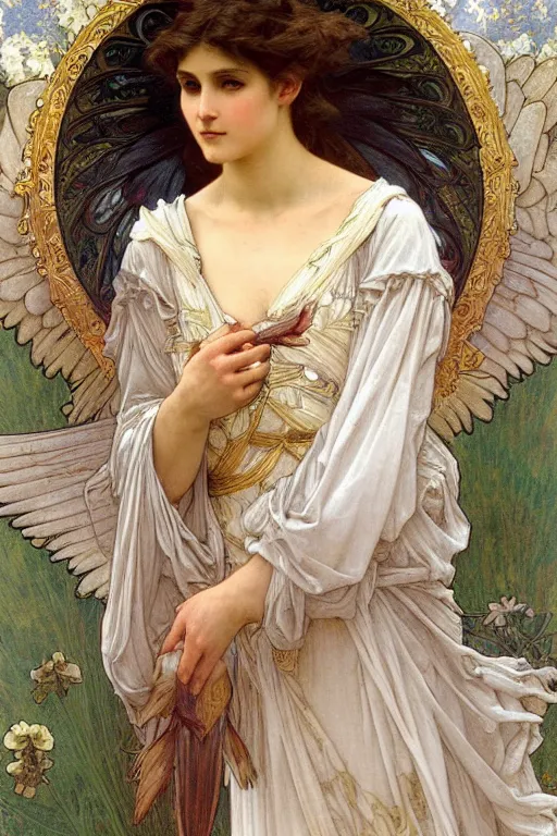 Image similar to portrait of a beautiful angel with large feather wings, intricate, elegant, hyperdetailed by alphonse mucha and william - adolphe bouguereau and john william waterhouse