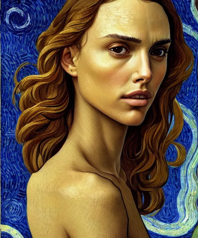 Image similar to half Nathalie portman half jessica alba portrait by Sandro Botticelli and Van gogh, sci-fi, amber eyes, beautiful face, appealing long hair, fantasy, intricate, elegant, highly detailed, digital painting, artstation, concept art, smooth, sharp focus, oil painted illustration by Sandro Botticelli and Van Gogh