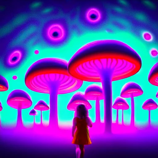 Image similar to Little girl wandering among many giant glowing mushrooms, Neon colors, psychedelic art, trippy, 4k, HQ, Trending on Artstation